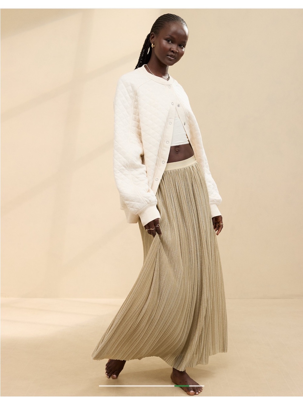 aerie Balletcore Metallic Pleated Maxi Skirt in Champagne Gold XXL